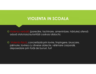 VIOLENTA IN SCOALA
VIOLENTA IN SCOALA
Violenţa verbală (poreclire, tachinare, ameninţare, hărţuire) ofensă
adusă statutului/autorităţii cadrului didactic
Violenţa fizică, concretizatǎ prin lovire, împingere, bruscare,
pǎlmuire, lovirea cu diverse obiecte, vǎtǎmare corporalǎ,
deposedare prin forţǎ de bunuri, furt
Violenţa verbală (poreclire, tachinare, ameninţare, hărţuire) ofensă
adusă statutului/autorităţii cadrului didactic
Violenţa fizică, concretizatǎ prin lovire, împingere, bruscare,
pǎlmuire, lovirea cu diverse obiecte, vǎtǎmare corporalǎ,
deposedare prin forţǎ de bunuri, furt
 