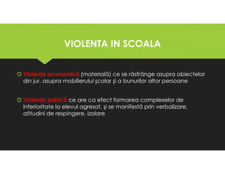 VIOLENTA IN SCOALA
VIOLENTA IN SCOALA
Violenţa economică (materială) ce se răsfrânge asupra obiectelor
din jur, asupra mobilierului şcolar şi a bunurilor altor persoane
Violenţa psihică ce are ca efect formarea complexelor de
inferioritate la elevul agresat, şi se manifestă prin verbalizare,
atitudini de respingere, izolare
Violenţa economică (materială) ce se răsfrânge asupra obiectelor
din jur, asupra mobilierului şcolar şi a bunurilor altor persoane
Violenţa psihică ce are ca efect formarea complexelor de
inferioritate la elevul agresat, şi se manifestă prin verbalizare,
atitudini de respingere, izolare
 
