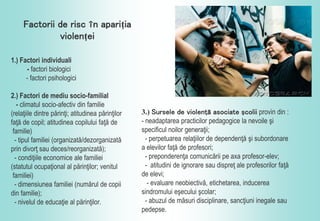 Factorii de risc în apariţia
violenţei
1.) Factori individuali
- factori biologici
- factori psihologici
2.) Factori de mediu socio-familial
- climatul socio-afectiv din familie
(relaţiile dintre părinţi; atitudinea părinţilor
faţă de copil; atitudinea copilului faţă de
familie)
- tipul familiei (organizată/dezorganizată
prin divorţ sau deces/reorganizată);
- condiţiile economice ale familiei
(statutul ocupaţional al părinţilor; venitul
familiei)
- dimensiunea familiei (numărul de copii
din familie);
- nivelul de educaţie al părinţilor.
3.) Sursele de violenţă asociate şcolii provin din :
- neadaptarea practicilor pedagogice la nevoile şi
specificul noilor generaţii;
- perpetuarea relaţiilor de dependenţă şi subordonare
a elevilor faţă de profesori;
- preponderenţa comunicării pe axa profesor-elev;
- atitudini de ignorare sau dispreţ ale profesorilor faţă
de elevi;
- evaluare neobiectivă, etichetarea, inducerea
sindromului eşecului şcolar;
- abuzul de măsuri disciplinare, sancţiuni inegale sau
pedepse.
 
