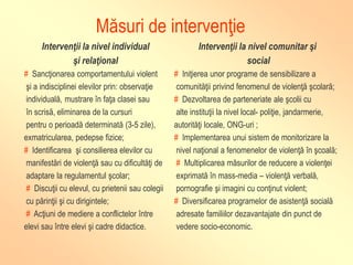 Măsuri de intervenţie
Intervenţii la nivel individual
şi relaţional
# Sancţionarea comportamentului violent
şi a indisciplinei elevilor prin: observaţie
individuală, mustrare în faţa clasei sau
în scrisă, eliminarea de la cursuri
pentru o perioadă determinată (3-5 zile),
exmatricularea, pedepse fizice;
# Identificarea şi consilierea elevilor cu
manifestări de violenţă sau cu dificultăţi de
adaptare la regulamentul şcolar;
# Discuţii cu elevul, cu prietenii sau colegii
cu părinţii şi cu dirigintele;
# Acţiuni de mediere a conflictelor între
elevi sau între elevi şi cadre didactice.
Intervenţii la nivel comunitar şi
social
# Iniţierea unor programe de sensibilizare a
comunităţii privind fenomenul de violenţă şcolară;
# Dezvoltarea de parteneriate ale şcolii cu
alte instituţii la nivel local- poliţie, jandarmerie,
autorităţi locale, ONG-uri ;
# Implementarea unui sistem de monitorizare la
nivel naţional a fenomenelor de violenţă în şcoală;
# Multiplicarea măsurilor de reducere a violenţei
exprimată în mass-media – violenţă verbală,
pornografie şi imagini cu conţinut violent;
# Diversificarea programelor de asistenţă socială
adresate familiilor dezavantajate din punct de
vedere socio-economic.
 
