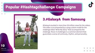 #GalaxyA resulted in more than 30 million views for the videos.
The video is accompanied by a song custom-made for the
challenge titled “Write My Story” that accompanies the
challenge. Music in challenges is a common element that
guarantees a sense of continuity, rhythm, and personality.
Popular #Hashtagchallenge Campaigns
3.#GalaxyA from Samsung
MRK 634
| January 29th 2021
10
 