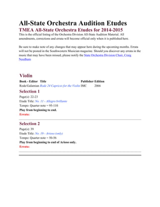 All-State Orchestra Audition Etudes
TMEA All-State Orchestra Etudes for 2014-2015
This is the official listing of the Orchestra Division All-State Audition Material. All
amendments, corrections and errata will become official only when it is published here.
Be sure to make note of any changes that may appear here during the upcoming months. Errata
will not be posted in the Southwestern Musician magazine. Should you discover any errata in the
music that may have been missed, please notify the State Orchestra Division Chair, Craig
Needham
Violin
Book - Editor Title Publisher Edition
Rode/Galamian Rode 24 Caprices for the Violin IMC 2066
Selection 1
Page(s): 22-23
Etude Title: No. 11 - Allegro brillante
Tempo: Quarter note = 95-110
Play from beginning to end.
Errata:
Selection 2
Page(s): 39
Etude Title: No. 19 - Arioso (only)
Tempo: Quarter note = 50-56
Play from beginning to end of Arioso only.
Errata:
 