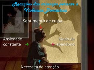 Reacções das crianças perante a Violência DomésticaSentimento de culpa             ↓Ansiedade constante    ->Medo de           ←abandono                 ↑Necessita de atenção