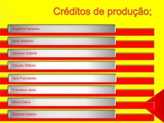 Angélica Vanessa
Aline Marinho
Janssen Gabriel
Claudio William
Iara Francikelle
Francisca Jazia
Maria Dalva
Roberta Adelino
 