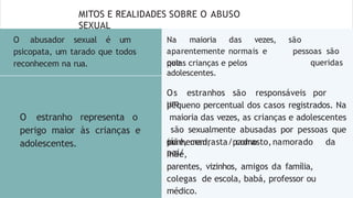 MITOS E REALIDADES SOBRE O ABUSO
SEXUAL
O abusador sexual é um
psicopata, um tarado que todos
reconhecem na rua.
Na maioria das vezes,
aparentemente normais e
que
são
pessoas são
queridas
pelas crianças e pelos
adolescentes.
O estranho representa o
perigo maior às crianças e
adolescentes.
Os estranhos são responsáveis por
um
pequeno percentual dos casos registrados. Na
maioria das vezes, as crianças e adolescentes
são sexualmente abusadas por pessoas que
já
conhecem, como
pai/
mãe, madrasta/padrasto,namorado da
mãe,
parentes, vizinhos, amigos da família,
colegas de escola, babá, professor ou
médico.
 