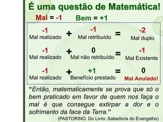 É uma questão de Matemática!
“Então, matematicamente se prova que só o
bem praticado em favor de quem nos faça o
mal é que consegue extirpar a dor e o
sofrimento da face da Terra.”
(PASTORINO. Do Livro: Sabedoria do Evangelho)
Mal = -1 Bem = +1
Mal realizado Mal retribuído Mal duplo
Mal realizado Mal não retribuído Mal Existente
Mal realizado Benefício prestado Mal Anulado!
 