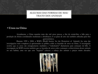 Algumas das formas de mau trato dos animais• Ursos na China	Actualmente, a China mantém mais dez mil ursos presos, a fim de extrair-lhes a bílis para a produção de elixires considerados medicinais e afrodisíacos. E as patas de urso são também utilizadas para fins gastronómicos.	Durante 1999 e 2000, a WSPA (WorldSociety for theProtectionofAnimals) fez uma das investigações mais completas já apresentadas ao público sobre as fazendas de ursos na China. A investigação revelou que os ursos são cirurgicamente mutilados e "ordenhados" diariamente para extracção da bílis. A investigação da WSPA mostra também que as fazendas de ursos estão a ameaçar a sobrevivência desses animais no seu habitat, uma vez que esse "negócio" colocou a cabeça dos animais a preços muito elevados.