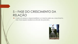 5 – FASE DO CRESCIMENTO DA
RELAÇÃO
 Cada um passa a responsabilizar a si mesmo pelo seu crescimento,
não mais espera realizar-se através do parceiro.
 