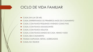 CICLO DE VIDA FAMILIAR
 CASAL EM LUA DE MEL
 CASAL ENFRENTANDO OS PRIMEIROS ANOS DO CASAMENTO
 CASAL COM FILHOS PEQUENOS-VIVENDO COMO PAIS
 CASAL COM FILHOS ADOLESCENTES
 CASAL COM FILHOS ADULTOS
 CASAL COM FILHOS SAINDO DE CASA- NINHO VAZIO
 CASAL SEM CASAMENTO
 FAMILIA AMPLIADA: NETOS, AGREGADOS
 CASAL NA VELHICE
 