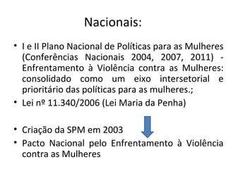 Nacionais:
• I e II Plano Nacional de Políticas para as Mulheres
(Conferências Nacionais 2004, 2007, 2011) -
Enfrentamento à Violência contra as Mulheres:
consolidado como um eixo intersetorial e
prioritário das políticas para as mulheres.;
• Lei nº 11.340/2006 (Lei Maria da Penha)
• Criação da SPM em 2003
• Pacto Nacional pelo Enfrentamento à Violência
contra as Mulheres
 