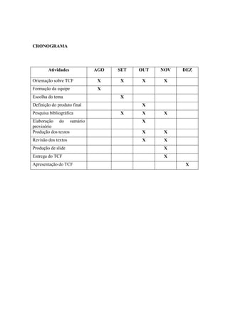 CRONOGRAMA
Atividades AGO SET OUT NOV DEZ
Orientação sobre TCF X X X X
Formação da equipe X
Escolha do tema X
Definição do produto final X
Pesquisa bibliográfica X X X
Elaboração do sumário
provisório
X
Produção dos textos X X
Revisão dos textos X X
Produção de slide X
Entrega do TCF X
Apresentação do TCF X
 