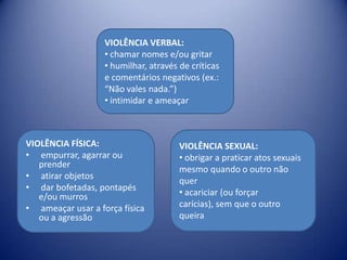 VIOLÊNCIA FÍSICA:
• empurrar, agarrar ou
prender
• atirar objetos
• dar bofetadas, pontapés
e/ou murros
• ameaçar usar a força física
ou a agressão
VIOLÊNCIA SEXUAL:
• obrigar a praticar atos sexuais
mesmo quando o outro não
quer
• acariciar (ou forçar
carícias), sem que o outro
queira
VIOLÊNCIA VERBAL:
• chamar nomes e/ou gritar
• humilhar, através de críticas
e comentários negativos (ex.:
“Não vales nada.”)
• intimidar e ameaçar
 