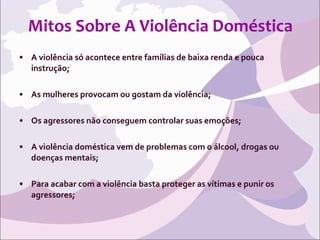 A violência só acontece entre famílias de baixa renda e pouca instrução; As mulheres provocam ou gostam da violência; Os agressores não conseguem controlar suas emoções; A violência doméstica vem de problemas com o álcool, drogas ou doenças mentais; Para acabar com a violência basta proteger as vítimas e punir os agressores; Mitos Sobre A Violência Doméstica 