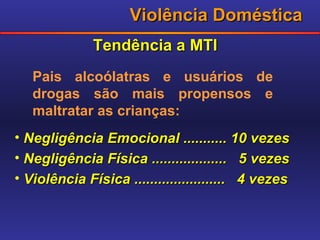 Violência Doméstica Tendência a MTI Negligência Emocional ........... 10 vezes Negligência Física ...................  5 vezes Violência Física .......................  4 vezes Pais alcoólatras e usuários de drogas são mais propensos e maltratar as crianças: 