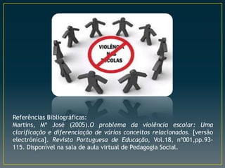 Referências Bibliográficas:
Martins, Mª José (2005).O problema da violência escolar: Uma
clarificação e diferenciação de vários conceitos relacionados. [versão
electrónica]. Revista Portuguesa de Educação, Vol.18, nº001,pp.93115. Disponível na sala de aula virtual de Pedagogia Social.

 