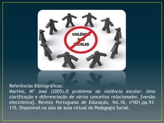 Referências Bibliográficas:
Martins, Mª José (2005).O problema da violência escolar: Uma
clarificação e diferenciação de vários conceitos relacionados. [versão
electrónica]. Revista Portuguesa de Educação, Vol.18, nº001,pp.93-
115. Disponível na sala de aula virtual de Pedagogia Social.
 