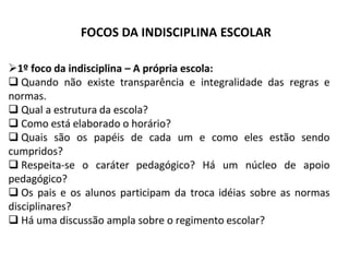 FOCOS DA INDISCIPLINA ESCOLAR
 