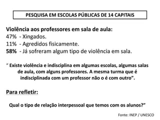 PESQUISA EM ESCOLAS PÚBLICAS DE 14 CAPITAIS




                                    Fonte: INEP / UNESCO
 