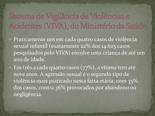  Praticamente um em cada quatro casos de violência 
sexual infantil (exatamente 22% dos 14.625 casos 
pesquisados pelo VIVA) envolve uma criança de até um 
ano de idade. 
 Em três a cada quatro casos (77%), a vítima tem até 
nove anos. A agressão sexual é o segundo tipo de 
violência mais praticado nesta faixa etária, com 35% 
dos casos, contra 36% provocados por abandono ou 
negligência. 
 