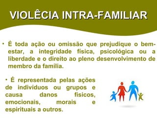 VIOLÊCIA INTRA-FAMILIAR É toda ação ou omissão que prejudique o bem-estar, a integridade física, psicológica ou a liberdade e o direito ao pleno desenvolvimento de membro da família.  É representada pelas ações de indivíduos ou grupos e causa danos físicos, emocionais, morais e espirituais a outros. 