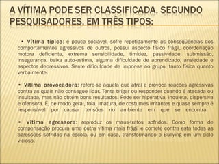 •  Vítima típica : é pouco sociável, sofre repetidamente as conseqüências dos comportamentos agressivos de outros, possui aspecto físico frágil, coordenação motora deficiente, extrema sensibilidade, timidez, passividade, submissão, insegurança, baixa auto-estima, alguma dificuldade de aprendizado, ansiedade e aspectos depressivos. Sente dificuldade de impor-se ao grupo, tanto física quanto verbalmente.  • Vítima provocadora : refere-se àquela que atrai e provoca reações agressivas contra as quais não consegue lidar. Tenta brigar ou responder quando é atacada ou insultada, mas não obtém bons resultados. Pode ser hiperativa, inquieta, dispersiva e ofensora. É, de modo geral, tola, imatura, de costumes irritantes e quase sempre é responsável por causar tensões no ambiente em que se encontra.  • Vítima agressora : reproduz os maus-tratos sofridos. Como forma de compensação procura uma outra vítima mais frágil e comete contra esta todas as agressões sofridas na escola, ou em casa, transformando o Bullying em um ciclo vicioso. 