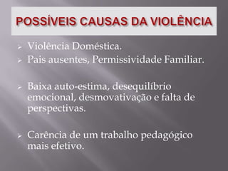  Agressão aos professores e funcionários em qualquer horário.DADOS ESTATÍSTICOS DO IBGE12,9 % dos estudantes já se envolveram em briga.
