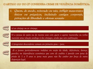 1. Quem, de modo, reiterado ou não, infligir maus-tratos
físicos ou psíquicos, incluindo castigos corporais,
privações de liberdade e ofensas sexuais:
d) a pessoa particularmente indefesa em razão da idade, deficiência, doença,
gravidez ou dependência económica que com ele coabite é punido com pena de
prisão de 1 a 5 anos se pena mais grave não lhe couber por força de outra
disposição legal.
a) ao cônjuge ou ex- cônjuge;
b) a pessoa de outro ou do mesmo sexo com quem o agente mantenha ou tenha
mantido uma relação análoga à dos cônjuges, ainda que sem coabitação;
c) progenitor descendente comum em primeiro grau – pais;
 