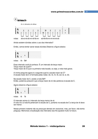 Método básico 1 – violão/guitarra 28
28www.primeirosacordes.com.br
Cd Faixa 31 -
notas: dó-si-ré-dó-mi-ré-fá-mi- sol-fá-fá-mi-mi-ré-ré-dó
Ainda existem dúvidas sobre o uso dos intervalos?
Então, vamos tentar sanar essas dúvidas.Observe a figura abaixo:
notas: ré- fá#
Esse intervalo você já conhece. É um intervalo de terça maior.
Terça maior de quem?
Terça maior de ré que é a primeira nota tocada, ou seja, a nota mais grave.
A minha pergunta agora é a seguinte qual é a escala maior de C?
A escala maior de C é formada pelas notas: dó, ré, mi, fá, sol, lá, si, dó.
Na escala maior de C, existe a nota fá#?
Então, podemos presumir que a terça maior de ré não pertence à escala de C.
Agora observe a figura abaixo:
notas: ré fá
O intervalo acima é o intervalo de terça menor de ré.
A nota ré e a nota fá pertencem à escala de C, portanto na escala de C a terça de ré deve
ser menor.
Nesse primeiro instante não se preocupe demais em raciocinar, mas, por favor, não tenha
preguiça. Memorize a localização dos intervalos isso lhe ajudará muito no futuro.
 