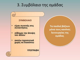 3. Συμβόλαιο της ομάδας
ΣΥΜΒΟΛΑΙΟ
• είμαι συνεπής στις
συναντήσεις
• σέβομαι την άποψη
του άλλου
• ακούω προσεκτικά
χωρίς να διακόπτω
ΥΠΟΓΡΑΦΗ
Τα παιδιά βάζουν
μόνα τους κανόνες
λειτουργίας της
ομάδας.
 
