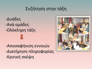 Συζήτηση στην τάξη
-Δυάδες
-Ανά ομάδες
-Ολόκληρη τάξη
-Αποσαφήνιση εννοιών
-Διατήρηση πληροφορίας
-Κριτική σκέψη
 