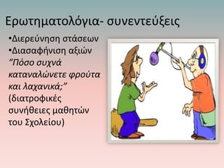 Ερωτηματολόγια- συνεντεύξεις
•Διερεύνηση στάσεων
•Διασαφήνιση αξιών
“Πόσο συχνά
καταναλώνετε φρούτα
και λαχανικά;”
(διατροφικές
συνήθειες μαθητών
του Σχολείου)
 