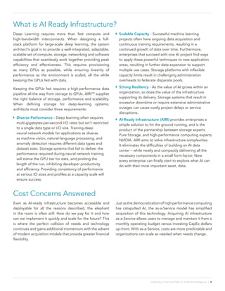 Defining a Practical Path to Artificial Intelligence | 4
What is AI Ready Infrastructure?
Deep Learning requires more than fast compute and
high-bandwidth interconnects. When designing a full-
stack platform for large-scale deep learning, the system
architect’s goal is to provide a well-integrated, adaptable,
scalable set of compute, storage, networking and software
capabilities that seamlessly work together providing peak
efficiency and effectiveness. This requires provisioning
as many GPUs as possible, while ensuring linearity of
performance as the environment is scaled, all the while
keeping the GPUs fed with data.
Keeping the GPUs fed requires a high-performance data
pipeline all the way from storage to GPUs. AIRITM
supplies
the right balance of storage, performance and scalability.
When defining storage for deep-learning systems,
architects must consider three requirements:
ßß Diverse Performance - Deep learning often requires
multi-gigabytes-per-second I/O rates but isn’t restricted
to a single data type or I/O size. Training deep
neural network models for applications as diverse
as machine vision, natural-language processing, and
anomaly detection requires different data types and
dataset sizes. Storage systems that fail to deliver the
performance required during neural network training
will starve the GPU tier for data, and prolong the
length of the run, inhibiting developer productivity
and efficiency. Providing consistency of performance
at various IO sizes and profiles at a capacity scale will
ensure success.
ßß Scalable Capacity - Successful machine learning
projects often have ongoing data acquisition and
continuous training requirements, resulting in a
continued growth of data over time. Furthermore,
enterprises that succeed with one AI project find ways
to apply these powerful techniques to new application
areas, resulting in further data expansion to support
multiple use cases. Storage platforms with inflexible
capacity limits result in challenging administration
overheads to federate disparate pools.
ßß Strong Resiliency - As the value of AI grows within an
organization, so does the value of the infrastructure
supporting its delivery. Storage systems that result in
excessive downtime or require extensive administrative
outages can cause costly project delays or service
disruptions.
ßß AI-Ready Infrastructure (AIRI) provides enterprises a
simple solution to hit the ground running, and is the
product of the partnership between storage experts
Pure Storage, and high-performance computing experts
NVIDIA. AIRI aims to solve infrastructure complexities.
It eliminates the difficulties of building an AI data
center – while neatly and compactly delivering all the
necessary components in a small form-factor. Now
every enterprise can finally start to explore what AI can
do with their most important asset, data.
Cost Concerns Answered
Even as AI-ready infrastructure becomes accessible and
deployable for all the reasons described, the elephant
in the room is often still: How do we pay for it and how
can we implement it quickly and scale for the future? This
is where the perfect collision of needs and technology
continues and gains additional momentum with the advent
of modern acquisition models that provide greater financial
flexibility.
Just as the democratization of high performance computing
has catapulted AI, the as-a-Service model has simplified
acquisition of this technology. Acquiring AI infrastructure
as-a-Service allows users to manage and maintain it from a
monthly operating budget versus investing CapEx dollars
up-front. With as-a-Service, costs are more predictable and
organizations can scale as needed when needs change.
 