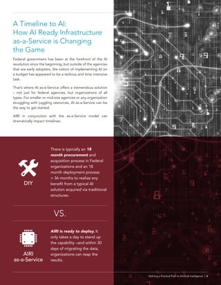 A Timeline to AI:
How AI Ready Infrastructure
as-a-Service is Changing
the Game
Federal government has been at the forefront of the AI
revolution since the beginning, but outside of the agencies
that are early adopters, the notion of implementing AI on
a budget has appeared to be a tedious and time intensive
task.
That’s where AI as-a-Service offers a tremendous solution
– not just for federal agencies, but organizations of all
types. For smaller or mid-size agencies or any organization
struggling with juggling resources, AI as-a-Service can be
the way to get started.
AIRI in conjunction with the as-a-Service model can
dramatically impact timelines:
Defining a Practical Path to Artificial Intelligence | 6
AIRI is ready to deploy. It
only takes a day to stand up
the capability –and within 30
days of migrating the data,
organizations can reap the
results.
There is typically an 18
month procurement and
acquisition process in Federal
organizations and an 18
month deployment process
= 36 months to realize any
benefit from a typical AI
solution acquired via traditional
structures.
AIRI
as-a-Service
DIY
VS.
 