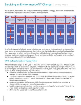 Surviving an Environment of IT Change -|- WHITE PAPER
5
Virtualization
Risk aversion, heretofore the safe government opera...
