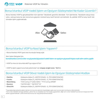 Borsa İstanbul VİOP’ta gerçekleştirilen tüm işlemler Takasbank garantisi altındadır. Tüm işlemlerde, Takasbank alıcıya karşı
satıcı, satıcıya karşı ise alıcı konumuna geçerek merkezi karşı taraf hizmeti vermektedir. Bu şekilde VİOP’ta karşı taraf riski
olmadan işlem yapılmaktadır.
• Borsa İstanbul VİOP üyesi aracı kuruluşta hesap açılır.
Alım Satım Detayları İçin;
borsaistanbul.com/urunler-ve-piyasalar/piyasalar/vadeli-islem-ve-opsiyon-piyasasi/viopta-nasil-alim-satim-yapilir
• VİOP’ta mevcut durumda aktif üye sayısı 63’tür4
• VİOP’ta işlem yapan kurumsal yatırımcılar5
için stopaj vergisi oranı %0’dır.
• Matriks : Sözleşme Adları (F_USDTRY1216S0, O_TRYUSDKE1216CS0)
• Foreks : Sözleşme Adları (F_USDTRY1216S0, O_TRYUSDKE1216CS0)
• Bloomberg : “A1A Curncy CT (A2A, B2A)”, “TYX Curncy OMON”
• Reuters : “0#TRYUSD:”, “0#TRYF*.IS”
• DirectFN : Sözleşme Adları (F_USDTRY1216S0, O_TRYUSDKE1216CS0)
Borsa İstanbul VİOP Vadeli İşlem ve Opsiyon Sözleşmeleri Ne Kadar Güvenilir?
Borsa İstanbul VİOP’ta Nasıl İşlem Yaparım?
Borsa İstanbul VİOP Döviz Vadeli İşlem ile Opsiyon Sözleşmeleri Kodları
SatıcıAlıcı
4
Yapacağınız/gerçekleştireceğiniz işlemler için korunma işleminin büyüklüğüne göre aracı kuruma işlem komisyonu ödenmektedir.
5
Tam ve dar mükellef sermaye şirketleri, yatırım fon ve ortaklıkları için %0 stopaj uygulanırken, diğer tam ve dar mükellef kurumlar için stopaj oranı %10
olarak uygulanmaktadır. Lütfen kendi durumunuz için vergi danışmanınıza danışın.
Riskinizi VİOP ile Yönetin
12
.
 