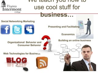 We teach you how to use cool stuff for business…Social Networking MarketingPresenting and FacilitatingEconomicsBuilding an online businessOrganizational  Behavior and                Consumer BehaviorWeb Technologies for Business