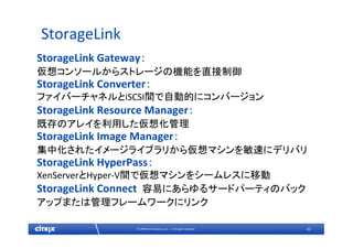 22© 2009 Citrix Systems, Inc. — All rights reserved 
StorageLink
StorageLink Gateway：
仮想コンソールからストレージの機能を直接制御
StorageLink Converter：
ファイバーチャネルとiSCSI間で自動的にコンバージョン
StorageLink Resource Manager：
既存のアレイを利用した仮想化管理
StorageLink Image Manager：
集中化されたイメージライブラリから仮想マシンを敏速にデリバリ
StorageLink HyperPass：
XenServerとHyper‐V間で仮想マシンをシームレスに移動
StorageLink Connect  容易にあらゆるサードパーティのバック
アップまたは管理フレームワークにリンク
 