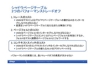 6© 2009 Citrix Systems, Inc. — All rights reserved 
シャドウページテーブル
3つのパフォーマンストレードオフ
1. トレースのコスト
• VMMはゲストによるプライマリページテーブルへの書き込みをインターセ
プトしなければならない
• 変更をシャドウページテーブルに伝える(または無効にする)
2. ページフォルトのコスト
• VMMはページフォルトをインターセプトしなければならない
• シャドウページテーブルエントリ (ヒドゥンページフォルト)を有効にするか、
フォルトをゲスト(実際のページフォルト)にフォワードする
3. コンテキストスイッチのコスト
• VMMはゲストのコンテキストスイッチをインターセプトしなければならない
• シャドウページテーブルの新たなセットをアクティベートする
パフォーマンスの実現には、良いトレードオフの発見が欠かせない
 