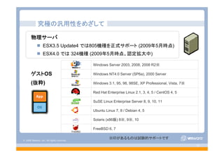 © 2008 VMware, Inc. All rights reserved.
- 10 -
究極の汎用性をめざして
物理サーバ
ESX3.5 Update4 では805機種を正式サポート (2009年5月時点)
ESX4.0 では 324機種 (2009年5月時点。認定拡大中)
ゲストOS
(抜粋)
Ubuntu Linux 7, 8 / Debian 4, 5
FreeBSD 6, 7
Solaris (x86版) 8※, 9※, 10
SuSE Linux Enterprise Server 8, 9, 10, 11
Red Hat Enterprise Linux 2.1, 3, 4, 5 / CentOS 4, 5
Windows 3.1, 95, 98, 98SE, XP Professional, Vista, 7※
Windows NT4.0 Server (SP6a), 2000 Server
Windows Server 2003, 2008, 2008 R2※
※印があるものは試験的サポートです
 