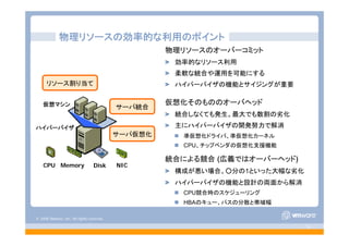 © 2008 VMware, Inc. All rights reserved.
- 14 -
仮想マシン
ハイパーバイザ
サーバ統合
サーバ仮想化
仮想化そのもののオーバヘッド
統合しなくても発生。最大でも数割の劣化
主にハイパーバイザの開発努力で解消
準仮想化ドライバ、準仮想化カーネル
CPU、チップベンダの仮想化支援機能
統合による競合 (広義ではオーバーヘッド)
構成が悪い場合、○分の1といった大幅な劣化
ハイパーバイザの機能と設計の両面から解消
CPU競合時のスケジューリング
HBAのキュー、パスの分散と帯域幅
物理リソースの効率的な利用のポイント
物理リソースのオーバーコミット
効率的なリソース利用
柔軟な統合や運用を可能にする
ハイパーバイザの機能とサイジングが重要
CPU Memory NICDisk
リソース割り当て
 
