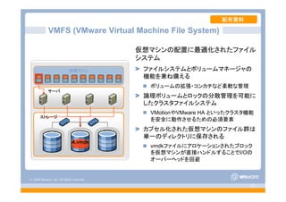 © 2008 VMware, Inc. All rights reserved.
- 27 -
ストレージ
サーバ
仮想マシン
A.vmdk
仮想マシンの配置に最適化されたファイル
システム
ファイルシステムとボリュームマネージャの
機能を兼ね備える
ボリュームの拡張・コンカチなど柔軟な管理
論理ボリュームとロックの分散管理を可能に
したクラスタファイルシステム
VMotionやVMware HA といったクラスタ機能
を安全に動作させるための必須要素
カプセル化された仮想マシンのファイル群は
単一のディレクトリに保存される
vmdkファイルにアロケーションされたブロック
を仮想マシンが直接ハンドルすることでI/Oの
オーバーヘッドを回避
VMFS (VMware Virtual Machine File System)
配布資料
 