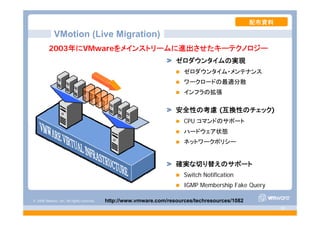 © 2008 VMware, Inc. All rights reserved.
- 38 -
2003年にVMwareをメインストリームに進出させたキーテクノロジー
ゼロダウンタイムの実現
ゼロダウンタイム・メンテナンス
ワークロードの最適分散
インフラの拡張
安全性の考慮 (互換性のチェック)
CPU コマンドのサポート
ハードウェア状態
ネットワークポリシー
確実な切り替えのサポート
Switch Notification
IGMP Membership Fake Query
VMotion (Live Migration)
配布資料
http://www.vmware.com/resources/techresources/1082
 