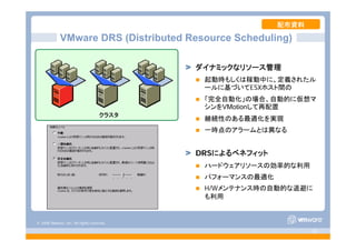 © 2008 VMware, Inc. All rights reserved.
- 49 -
ダイナミックなリソース管理
起動時もしくは稼動中に、定義されたル
ールに基づいてESXホスト間の
「完全自動化」の場合、自動的に仮想マ
シンをVMotionして再配置
継続性のある最適化を実現
一時点のアラームとは異なる
DRSによるベネフィット
ハードウェアリソースの効率的な利用
パフォーマンスの最適化
H/Wメンテナンス時の自動的な退避に
も利用
クラスタ
VMware DRS (Distributed Resource Scheduling)
配布資料
 
