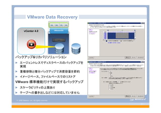 © 2008 VMware, Inc. All rights reserved.
- 57 -
VMware Data Recovery
バックアップ&リカバリソリューション
エージェントレスでディスクベースのバックアップを
実現
重複排除と増分バックアップで消費容量を節約
イメージベース、ファイルベースでのリストア
VMware 標準機能だけで実現するバックアップ
スケーラビリティの上限あり
テープへの書き出しなどには対応していません
vCenter 4.0
 