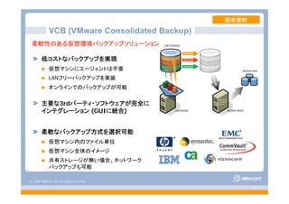 © 2008 VMware, Inc. All rights reserved.
- 58 -
低コストなバックアップを実現
仮想マシンにエージェントは不要
LANフリーバックアップを実装
オンラインでのバックアップが可能
主要な3rdパーティ・ソフトウェアが完全に
インテグレーション (GUIに統合)
柔軟なバックアップ方式を選択可能
仮想マシン内のファイル単位
仮想マシン全体のイメージ
共有ストレージが無い場合、ネットワーク
バックアップも可能
柔軟性のある仮想環境バックアップソリューション
VCB (VMware Consolidated Backup)
配布資料
 