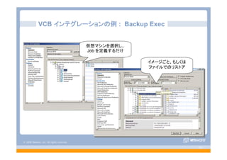 © 2008 VMware, Inc. All rights reserved.
- 59 -
VCB インテグレーションの例 : Backup Exec
仮想マシンを選択し、
Job を定義するだけ
イメージごと、もしくは
ファイルでのリストア
 