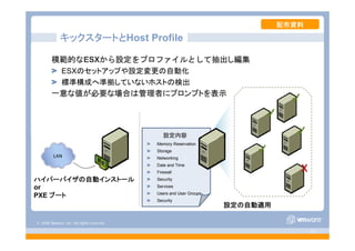 © 2008 VMware, Inc. All rights reserved.
- 61 -
ハイパーバイザの自動インストール
or
PXE ブート
キックスタートとHost Profile
設定内容
Memory Reservation
Storage
Networking
Date and Time
Firewall
Security
Services
Users and User Groups
Security
設定の自動適用
模範的なESXから設定をプロファイルとして抽出し編集
ESXのセットアップや設定変更の自動化
標準構成へ準拠していないホストの検出
一意な値が必要な場合は管理者にプロンプトを表示
配布資料
 