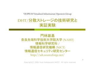 VIOPS-04 Virtualized Infrastructure Operators Group
DHT/分散ストレージの技術研究と
実証実験実証実験
門林雄基
奈良先端科学技術大学院大学 (NAIST)良 ( )
情報科学研究科 /
情報通信研究機構 (NICT)機 ( )
情報通信セキュリティ研究センター
http://xdt.sourceforge.net/
Copyright(C) 2006 Youki Kadobayashi,NAIST. All rights reserved.
1
p g
 