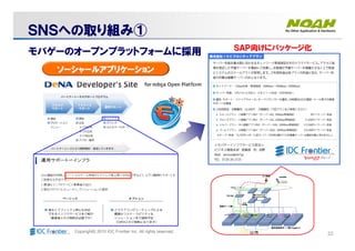 22Copyright© 2010 IDC Frontier Inc. All rights reserved.
ソーシャールアプリケーションソーシャールアプリケーション
ＳＡＰＳＡＰ向けにパッケージ化向けにパッケージ化
ＳＮＳへのＳＮＳへの取り組み取り組み①①
モバゲーのオープンプラットフォームに採用モバゲーのオープンプラットフォームに採用
 