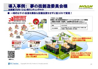 28Copyright© 2010 IDC Frontier Inc. All rights reserved.
出前館
ご利用者
導入事例導入事例導入事例導入事例：：：：導入事例導入事例導入事例導入事例：：：： 夢夢夢夢のののの街創造委員会様街創造委員会様街創造委員会様街創造委員会様夢夢夢夢のののの街創造委員会様街創造委員会様街創造委員会様街創造委員会様
出前館出前館出前館出前館プロモーションプロモーションプロモーションプロモーション用用用用ランディングサイトランディングサイトランディングサイトランディングサイト出前館出前館出前館出前館プロモーションプロモーションプロモーションプロモーション用用用用ランディングサイトランディングサイトランディングサイトランディングサイト
http://demae-can.com/
<プロモーション概要>
創業初、夢の街創造委員会がTVCM によるプロモーションを開始
～話題の石田純一を起用。「出前館は恋の必須アイテム」～
http://www.yumenomachi.co.jp/news_release/press/20090731.html
期間 2009 年8月
主な出稿媒体
地上波（関西 8月1日より、関東8月中旬より）新聞（主要
全国紙）、電車広告媒体、WEB 媒体
通常サイト
携帯サイト
● 一時的なサイト拡張を無駄な設備投資をせずに低コストで実現！
重重重重いいいい画像画像画像画像ややややＦｌａｓｈＦｌａｓｈＦｌａｓｈＦｌａｓｈコンテンツコンテンツコンテンツコンテンツもももも
スムーズスムーズスムーズスムーズにににに表示表示表示表示
プロモーション用
サイト
プロモーションプロモーションプロモーションプロモーション期間中期間中期間中期間中のみののみののみののみの
スポットスポットスポットスポット利用利用利用利用がががが可能可能可能可能
プロモーションプロモーションプロモーションプロモーション用用用用ウェブサイトウェブサイトウェブサイトウェブサイトをををを
２０２０２０２０台以上台以上台以上台以上のののの仮想仮想仮想仮想マシンマシンマシンマシンでででで負負負負
荷分散処理荷分散処理荷分散処理荷分散処理
 